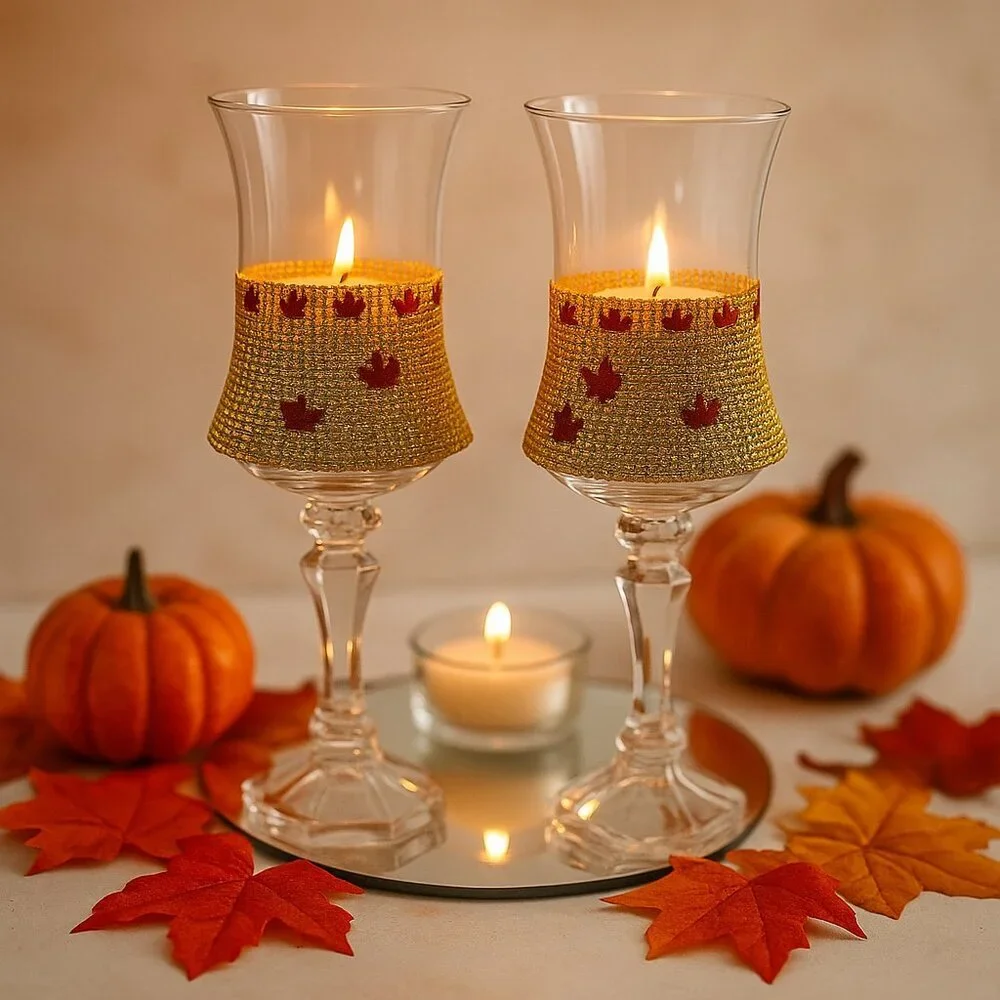 Fall-Themed Gold & Maple Leaf Crystal Candle Holders – Set of 2 Elegant Holiday